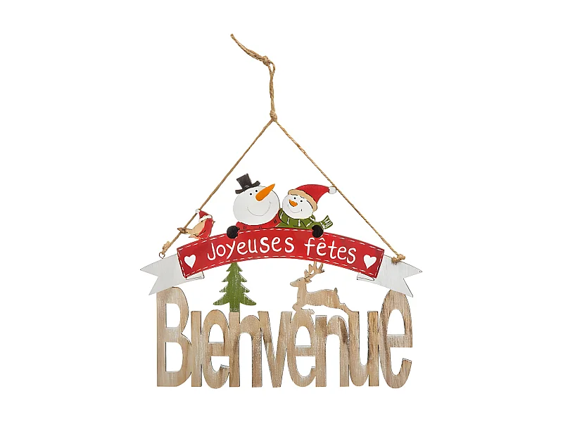 Sujet de Noël Pancarte "Soir" 29cm Naturel & Rouge