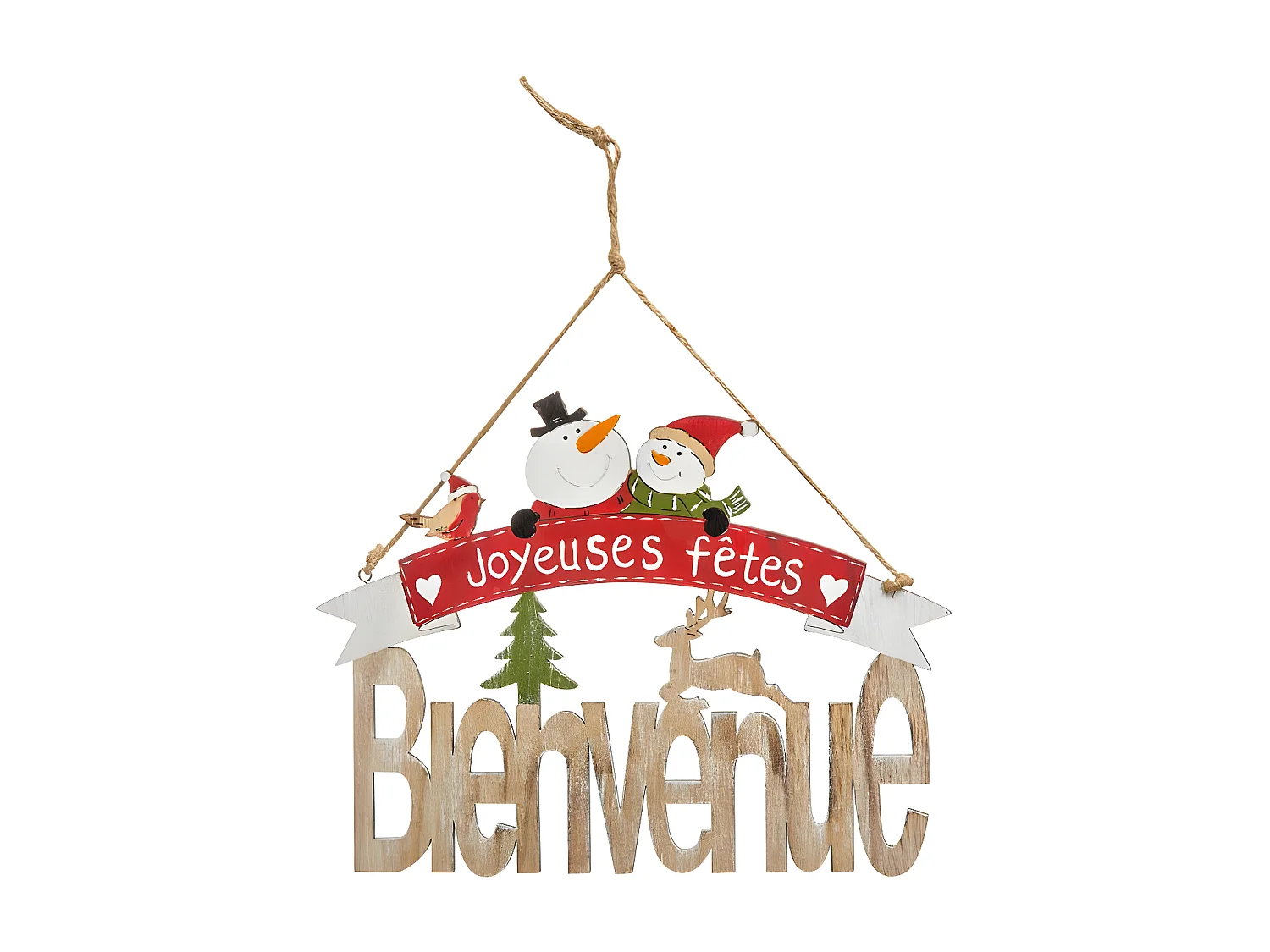 Sujet de Noël Pancarte "Soir" 29cm Naturel & Rouge