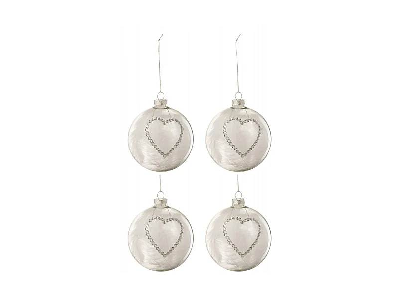 Lot de 4 Boules de Noël "Cœur Strass" 10cm Blanc