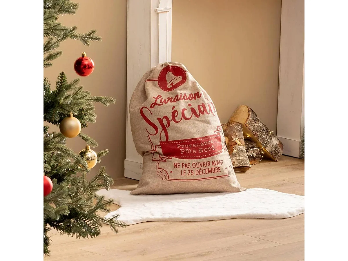 Hotte de Noël Imprimée "Jute" 70cm Rouge & Naturel