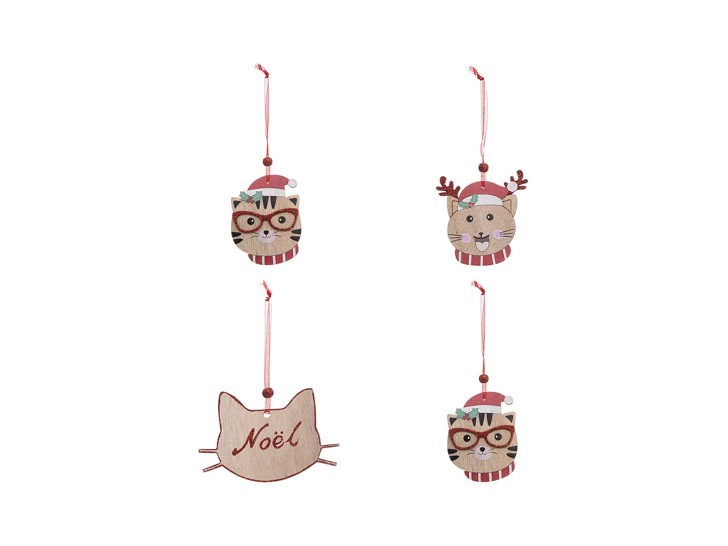 Lot de 4 Sujets de Noël "Chat" 12cm Beige & Rouge