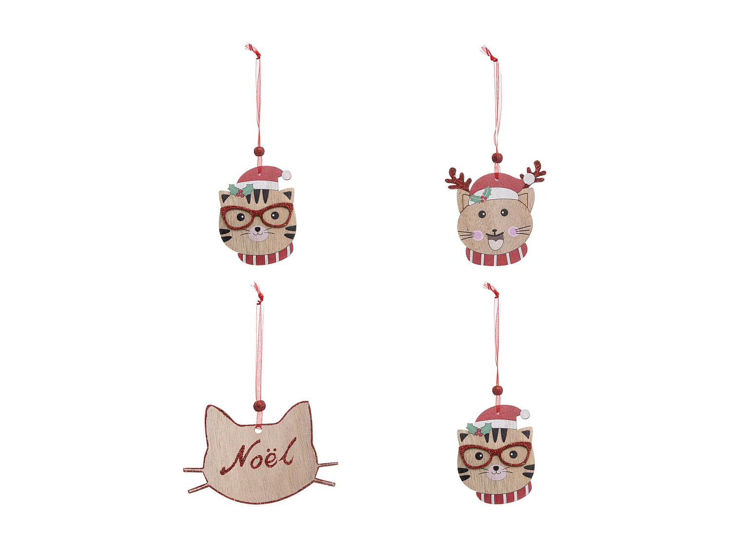 Lot de 4 Sujets de Noël "Chat" 12cm Beige & Rouge