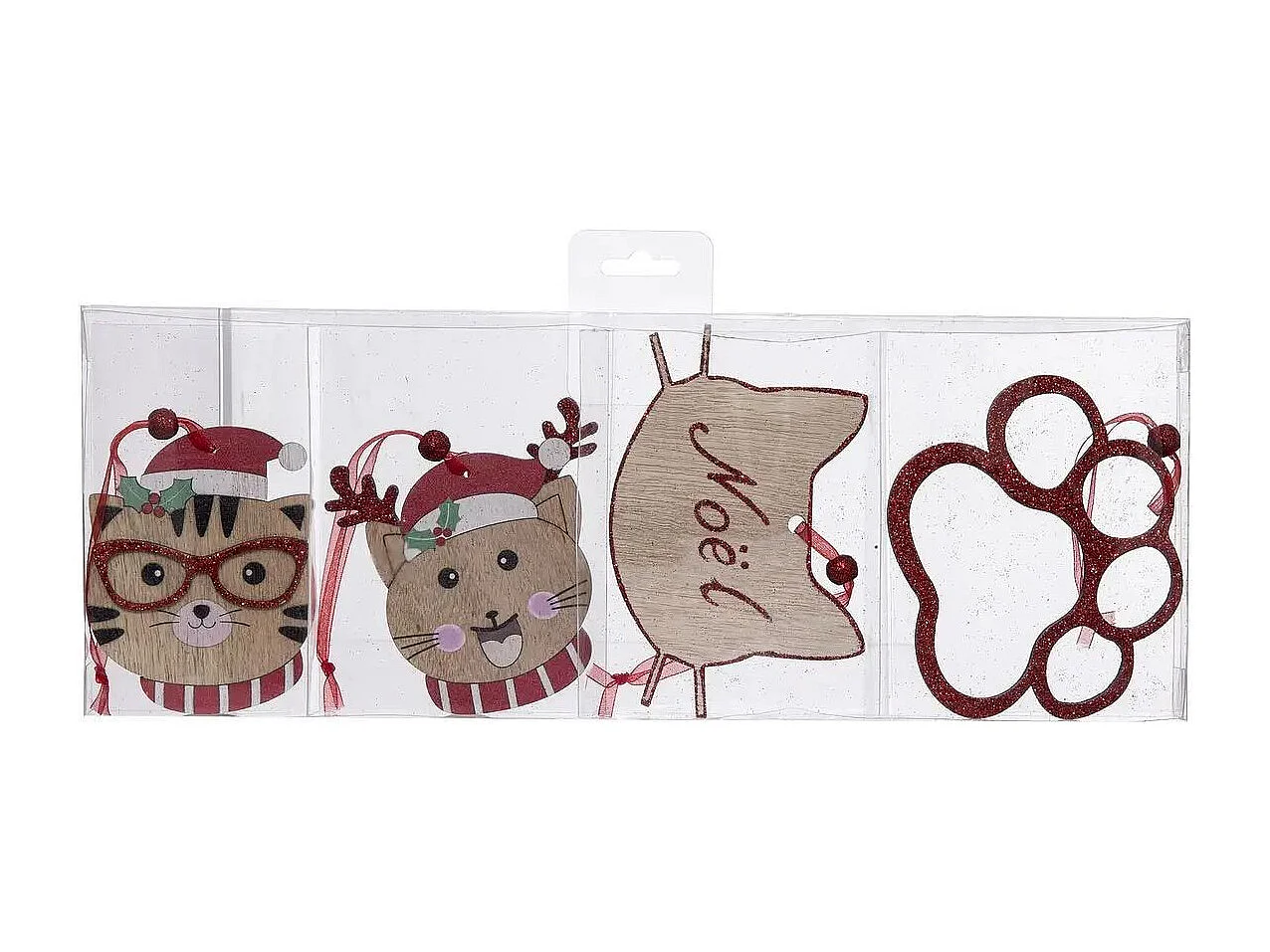 Lot de 4 Sujets de Noël "Chat" 12cm Beige & Rouge