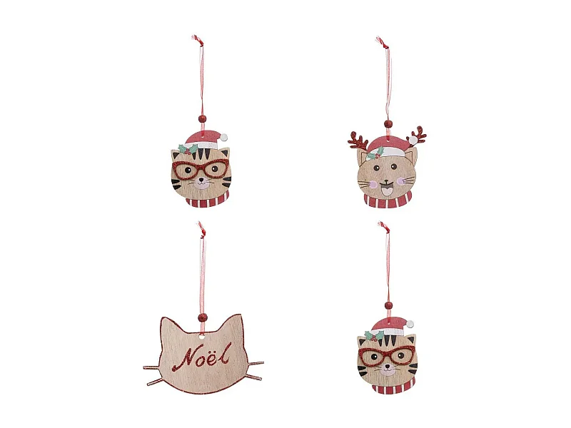 Lot de 4 Sujets de Noël "Chat" 12cm Beige & Rouge