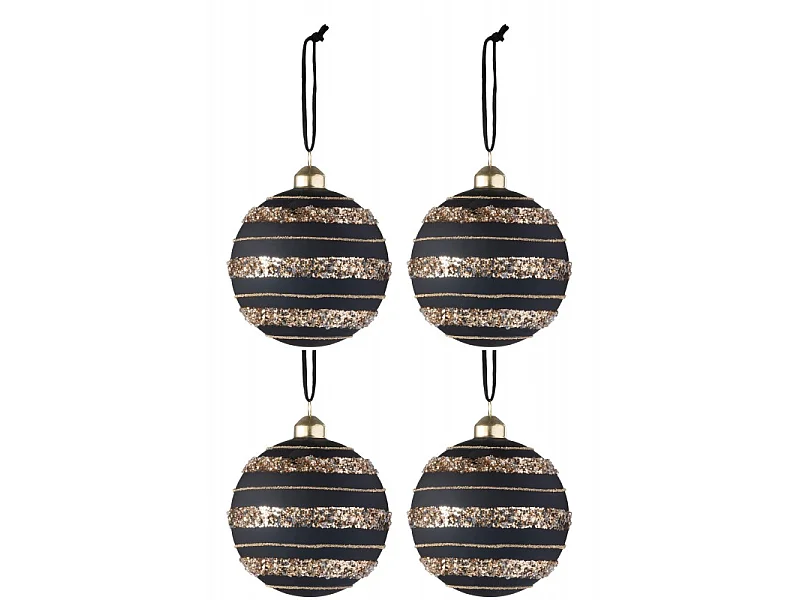 Scatola di 4 palline di Natale in vetro nero - oro 10x10x10 cm