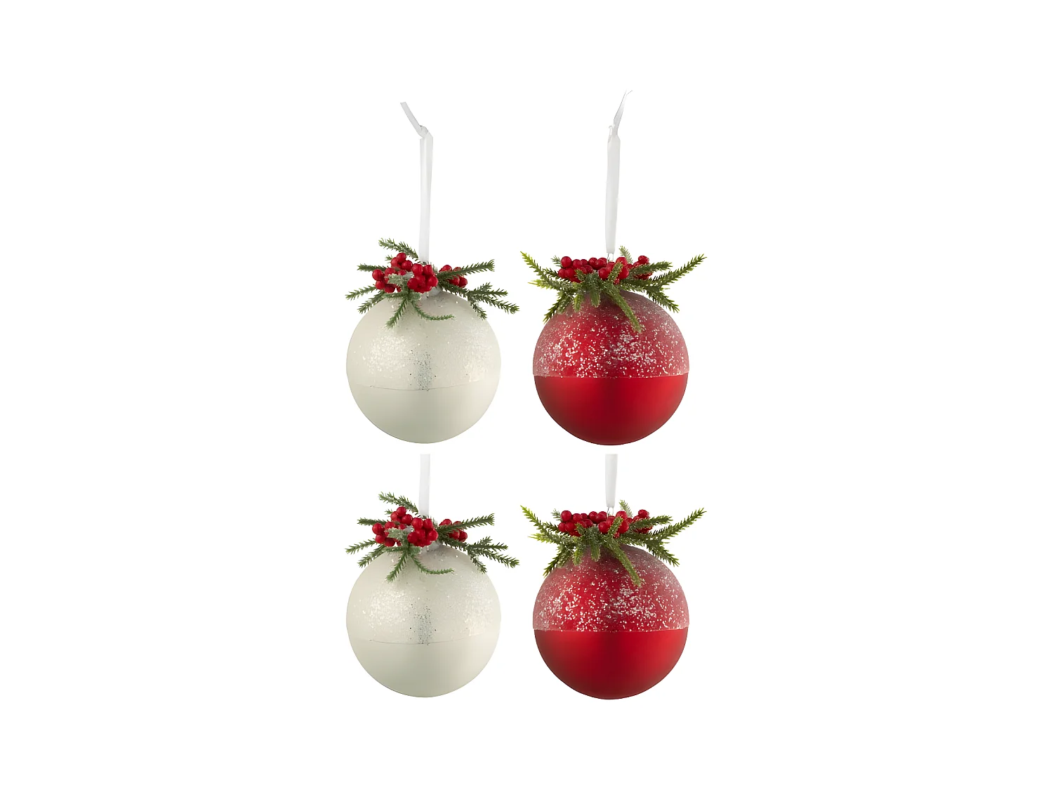 Scatola di 4 palline di Natale in vetro bianco - rosso 10x10x10 cm