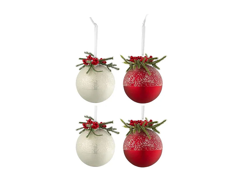 Scatola di 4 palline di Natale in vetro bianco - rosso 10x10x10 cm