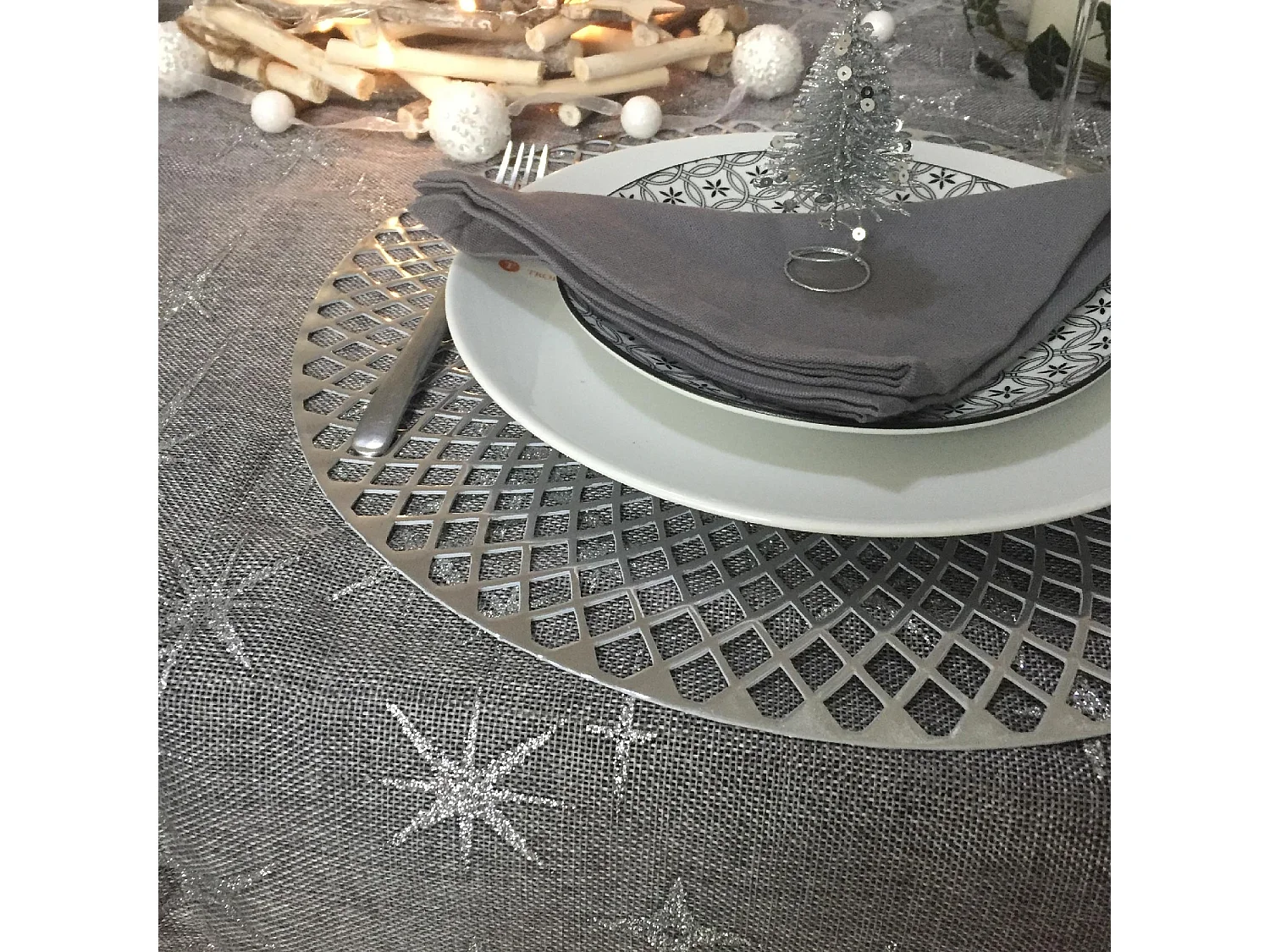 Nappe Motif Étoiles "Colorama" 140x240cm Argent