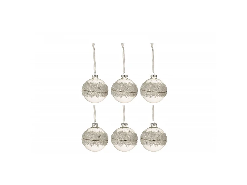 Lot de 6 Boules de Noël "Glace" 8cm Blanc & Argent
