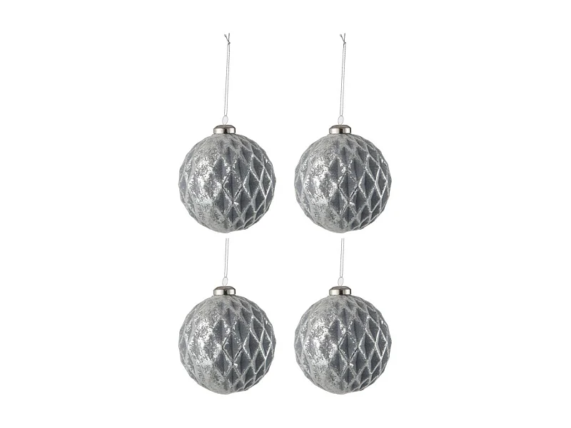 Lot de 4 Boules de Noël "Carreau" 10cm Gris