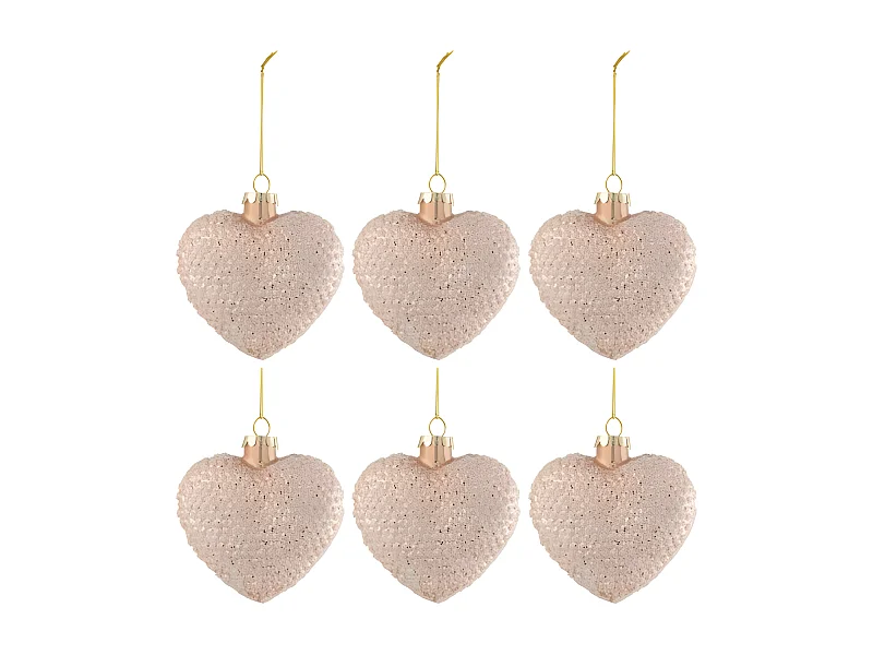 Scatola di 6 cuori in vetro rosa 9,5x4,5x9,5 cm