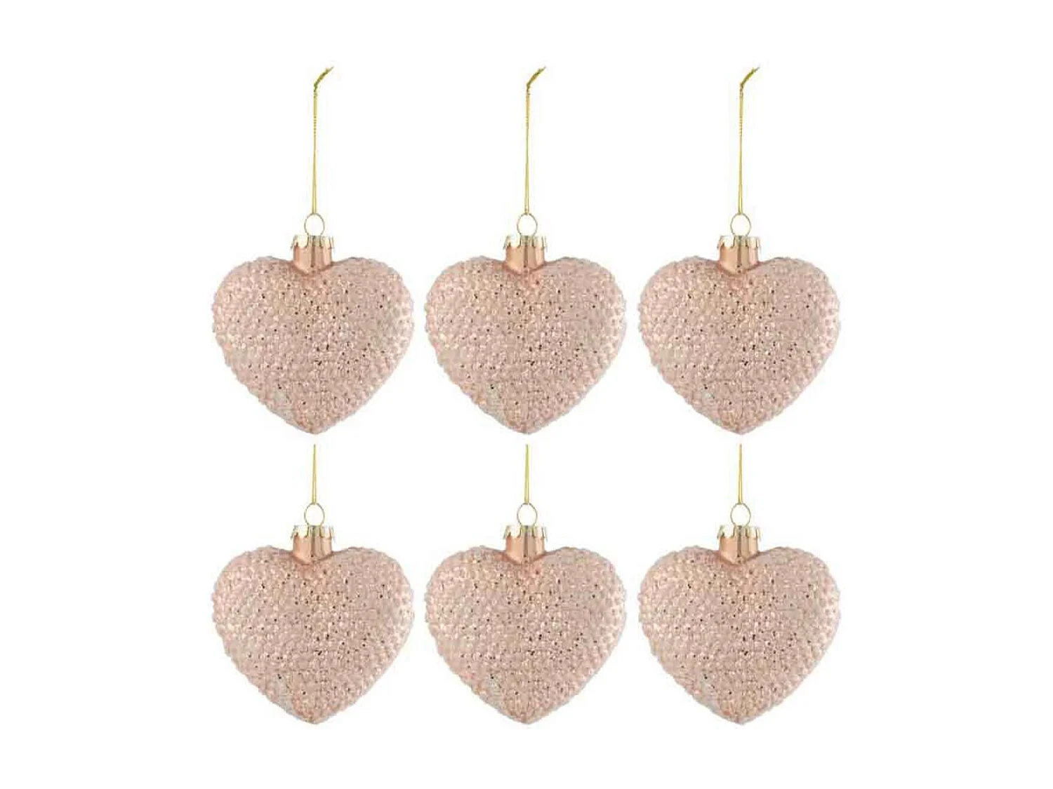 Caja de 6 corazones de vidrio rosa de 9.5x4.5x9.5 cm