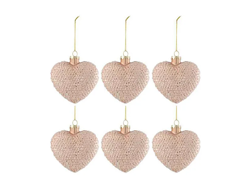 Scatola di 6 cuori in vetro rosa 9,5x4,5x9,5 cm