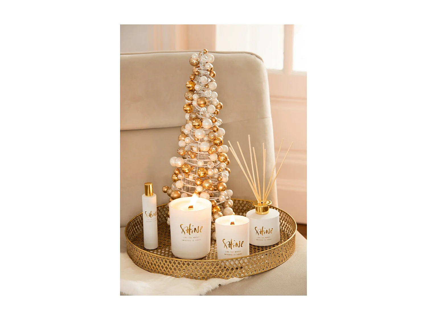 Statuette Déco "Mini Boules" 45cm Or & Ecru