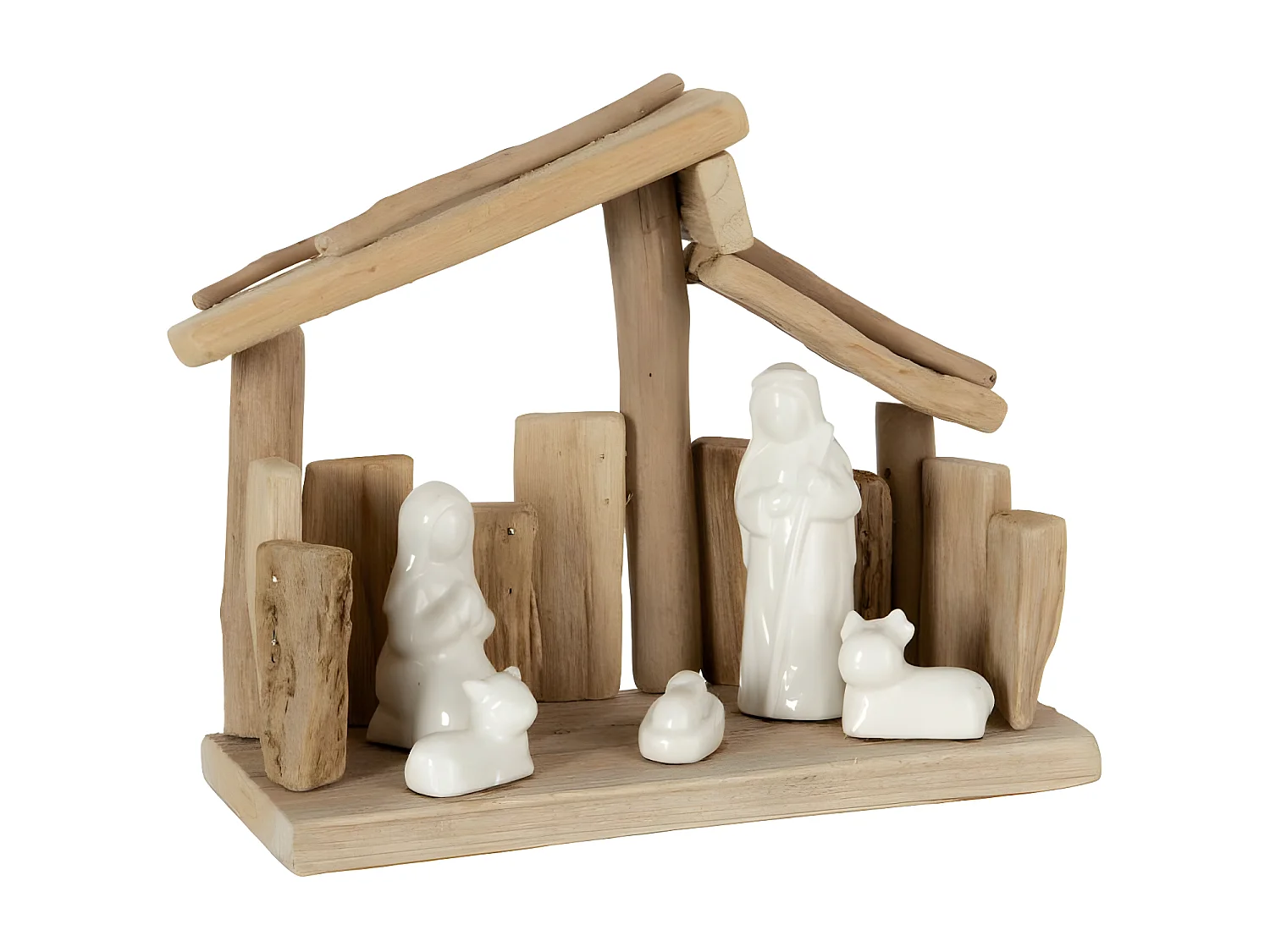 Crèche de Noël "Toit Incliné" 23cm Naturel & Blanc