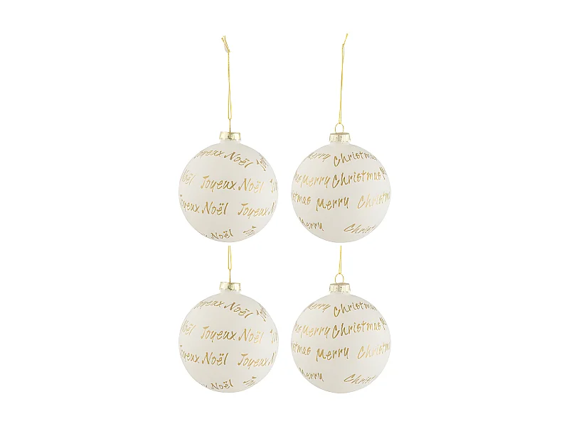 Lot de 4 Boules de Noël "Xmas" 10cm Blanc & Or
