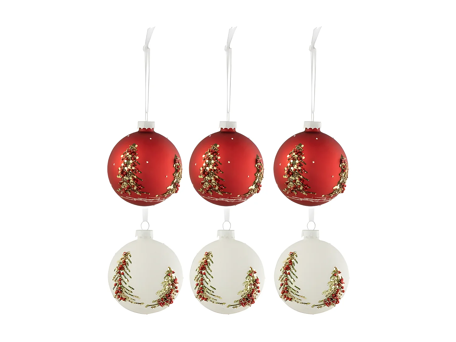 Caja de 6 bolas de Navidad de vidrio blanco - rojo 8.5x8.5x10 cm