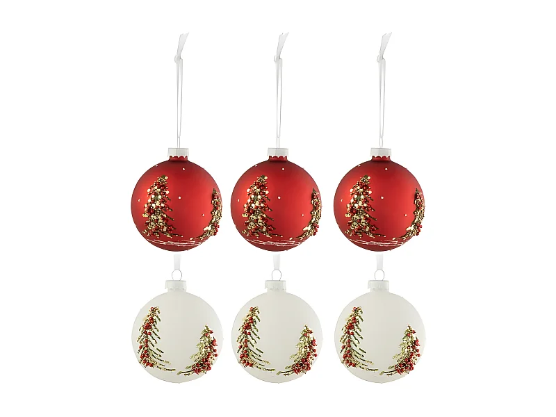 Caja de 6 bolas de Navidad de vidrio blanco - rojo 8.5x8.5x10 cm