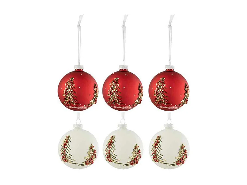 Scatola di 6 palline di Natale in vetro bianco - rosso 8.5x8.5x10 cm