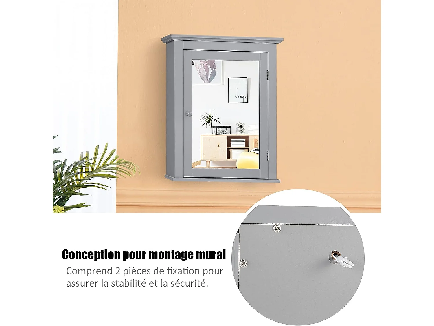 Armoire de toilettes mural salle de bains , ajustable en 5 positions 56x14x69,5cm