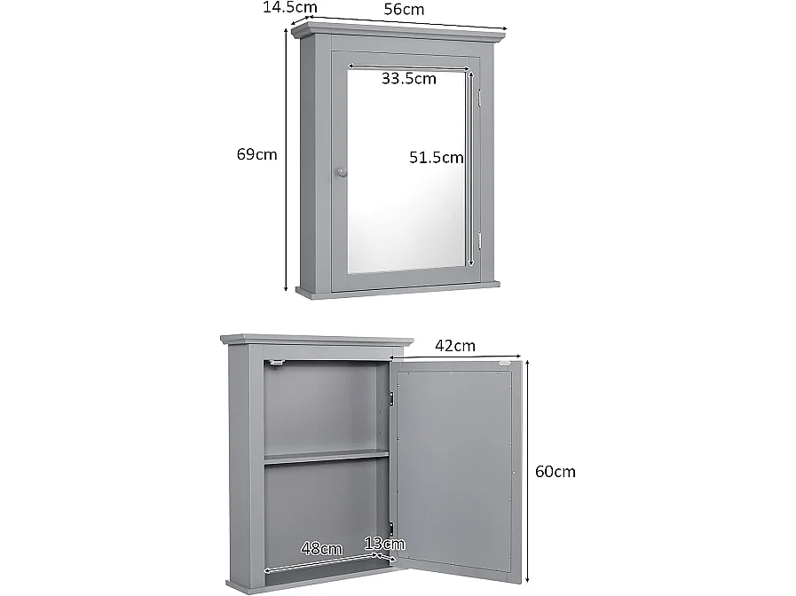 Armoire de toilettes mural salle de bains , ajustable en 5 positions 56x14x69,5cm