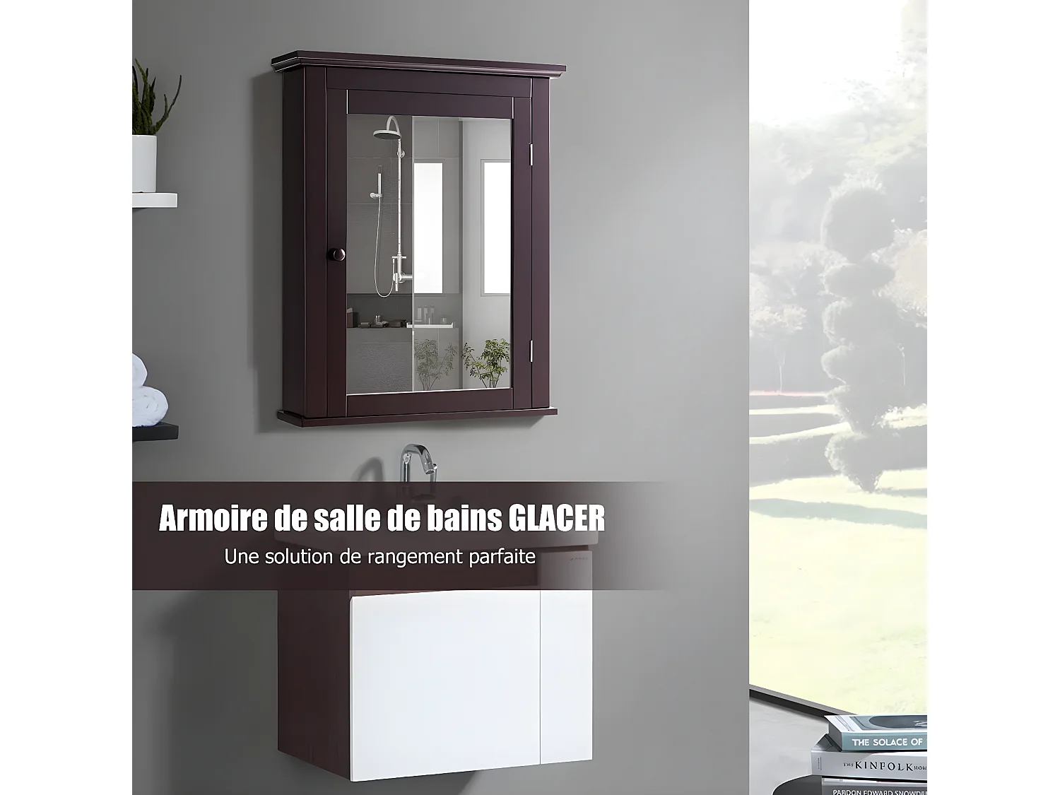 Armoire de toilettes mural salle de bains , ajustable en 5 positions 56x14x69,5cm marron