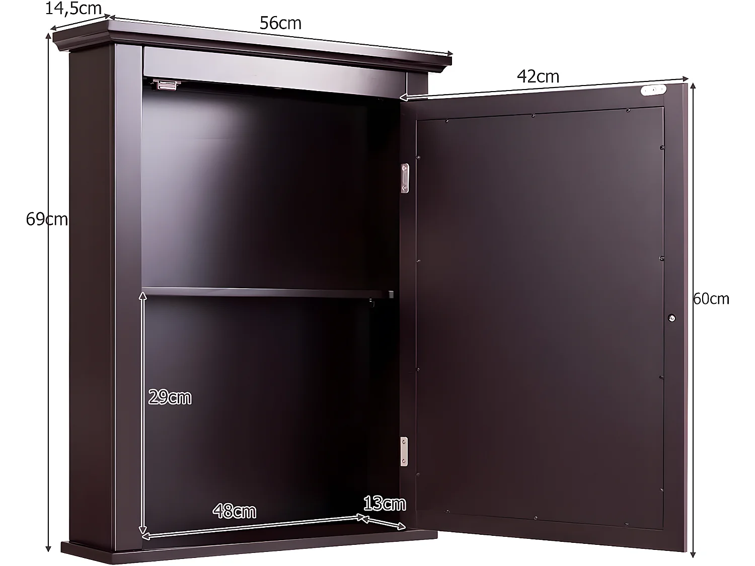 Armoire de toilettes mural salle de bains , ajustable en 5 positions 56x14x69,5cm marron