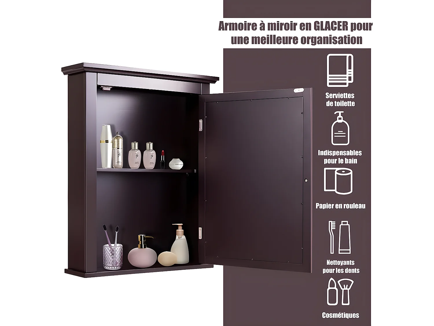 Armoire de toilettes mural salle de bains , ajustable en 5 positions 56x14x69,5cm marron