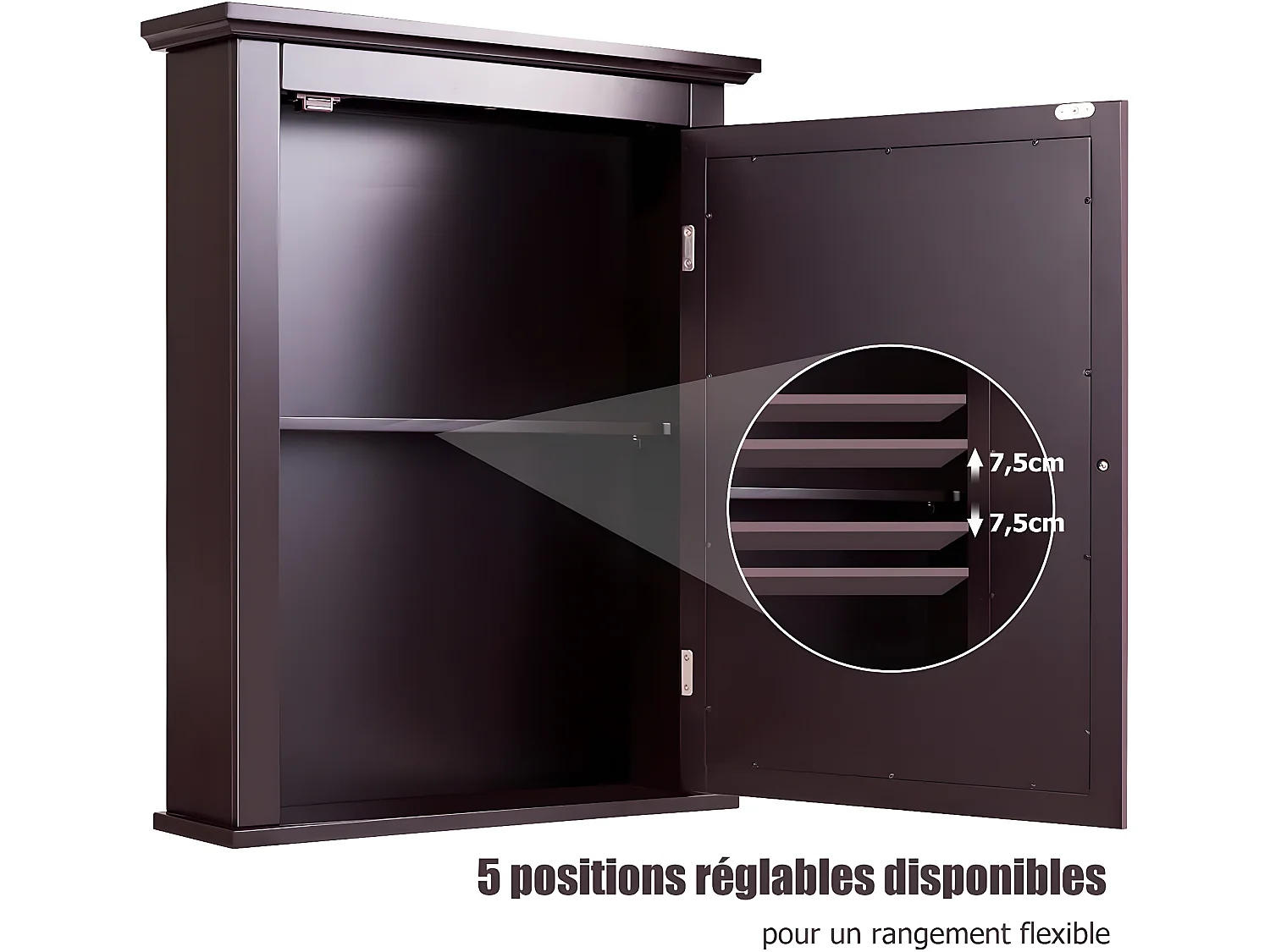 Armoire de toilettes mural salle de bains , ajustable en 5 positions 56x14x69,5cm marron