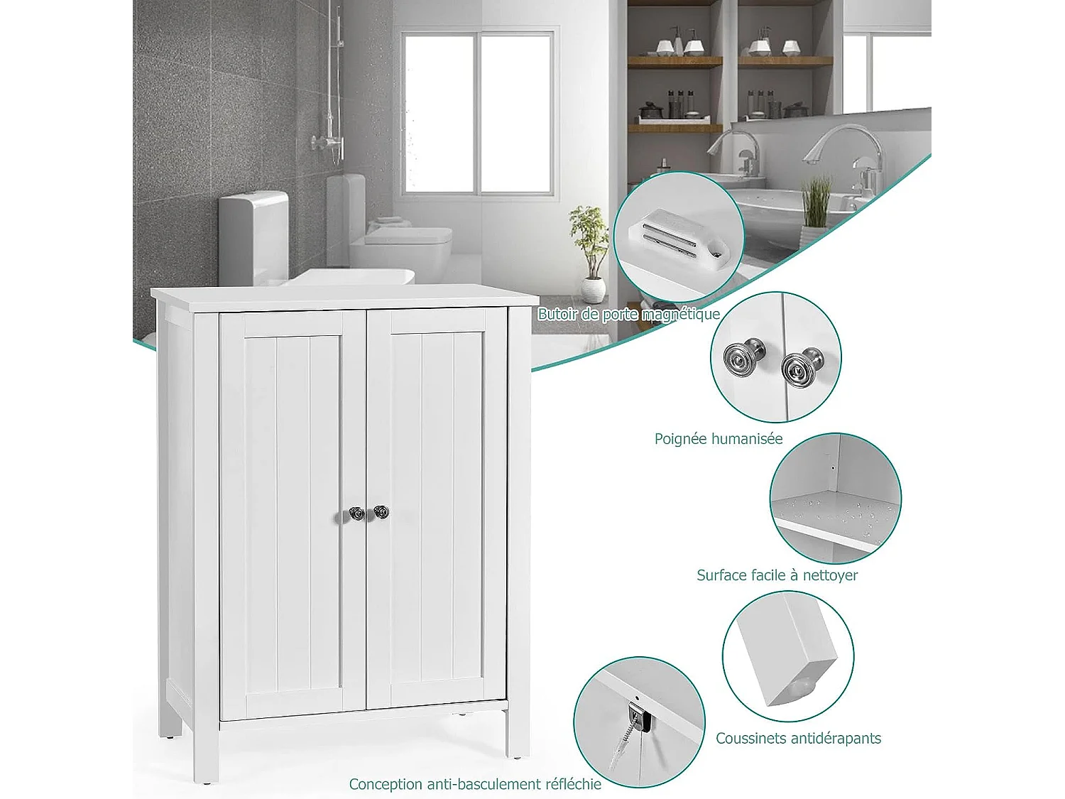 Meuble de salle de bain, armoire de rangement sur pieds avec étagères réglables, 60 x 30 x 80,5 cm