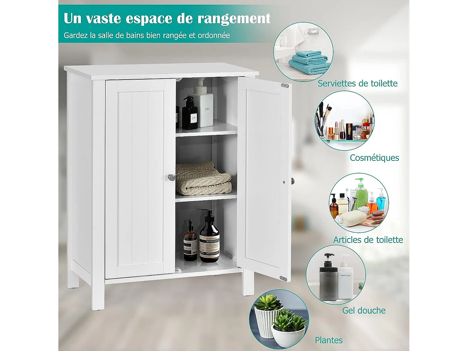Meuble de salle de bain, armoire de rangement sur pieds avec étagères réglables, 60 x 30 x 80,5 cm