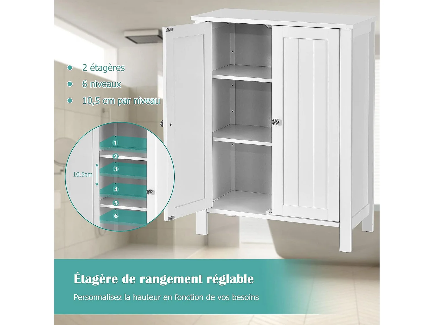 Meuble de salle de bain, armoire de rangement sur pieds avec étagères réglables, 60 x 30 x 80,5 cm