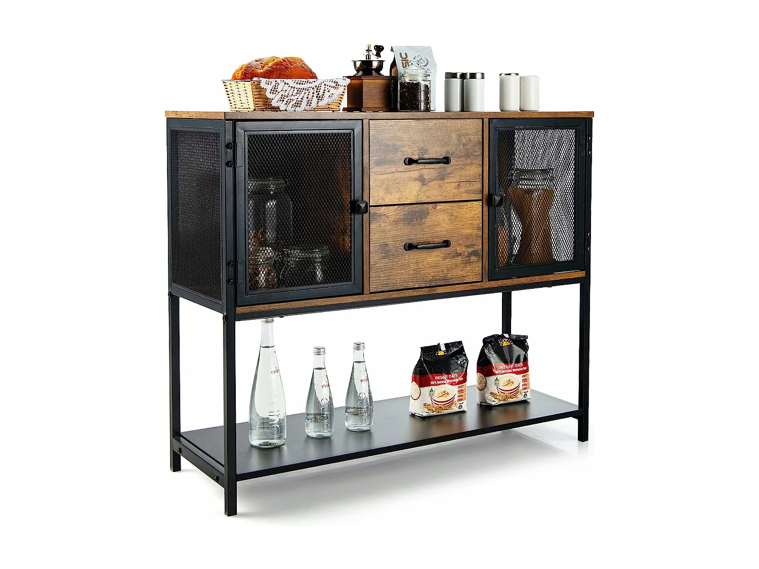 Buffet Salle à Manger, Buffet Salon Industriel avec 2 Placards, 2 Tiroirs, 2 Portes en Maille Fer, Meuble Cuisine Rangement, Marron Rustique, 100 X 35 X 85 CM