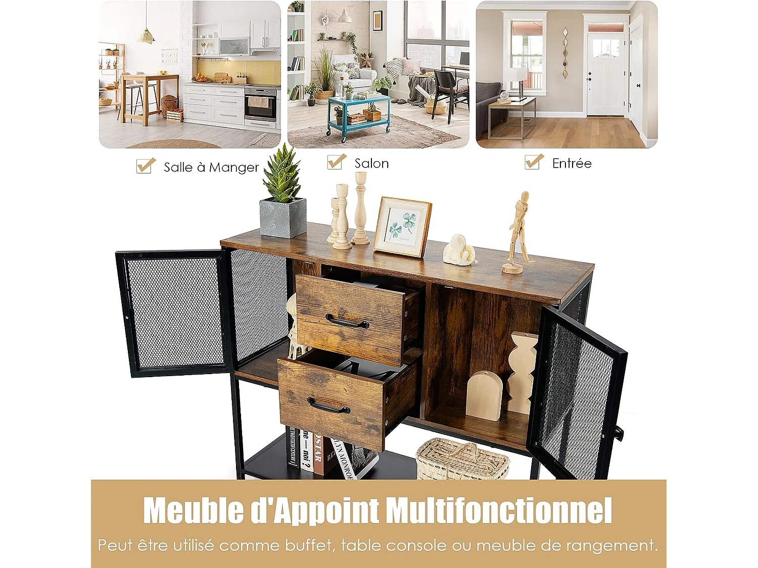 Buffet Salle à Manger, Buffet Salon Industriel avec 2 Placards, 2 Tiroirs, 2 Portes en Maille Fer, Meuble Cuisine Rangement, Marron Rustique, 100 X 35 X 85 CM