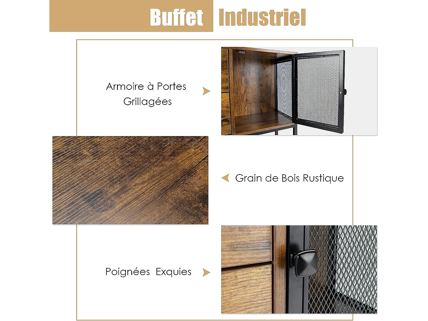 Buffet Salle à Manger, Buffet Salon Industriel avec 2 Placards, 2 Tiroirs, 2 Portes en Maille Fer, Meuble Cuisine Rangement, Marron Rustique, 100 X 35 X 85 CM