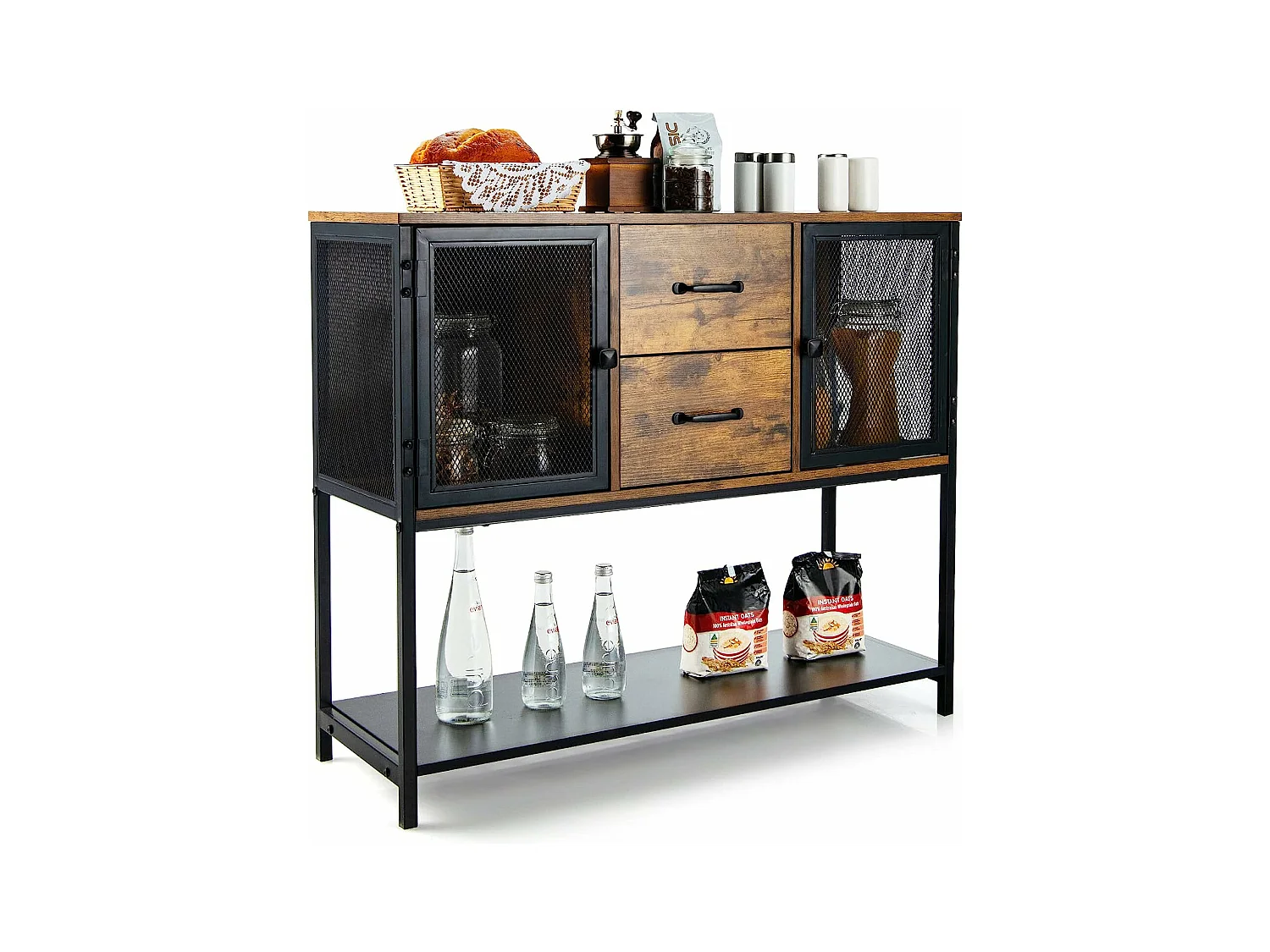 Buffet Salle à Manger, Buffet Salon Industriel avec 2 Placards, 2 Tiroirs, 2 Portes en Maille Fer, Meuble Cuisine Rangement, Marron Rustique, 100 X 35 X 85 CM
