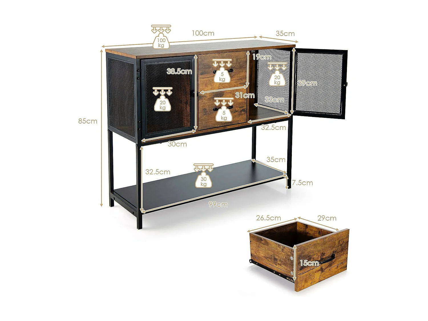 Buffet Salle à Manger, Buffet Salon Industriel avec 2 Placards, 2 Tiroirs, 2 Portes en Maille Fer, Meuble Cuisine Rangement, Marron Rustique, 100 X 35 X 85 CM