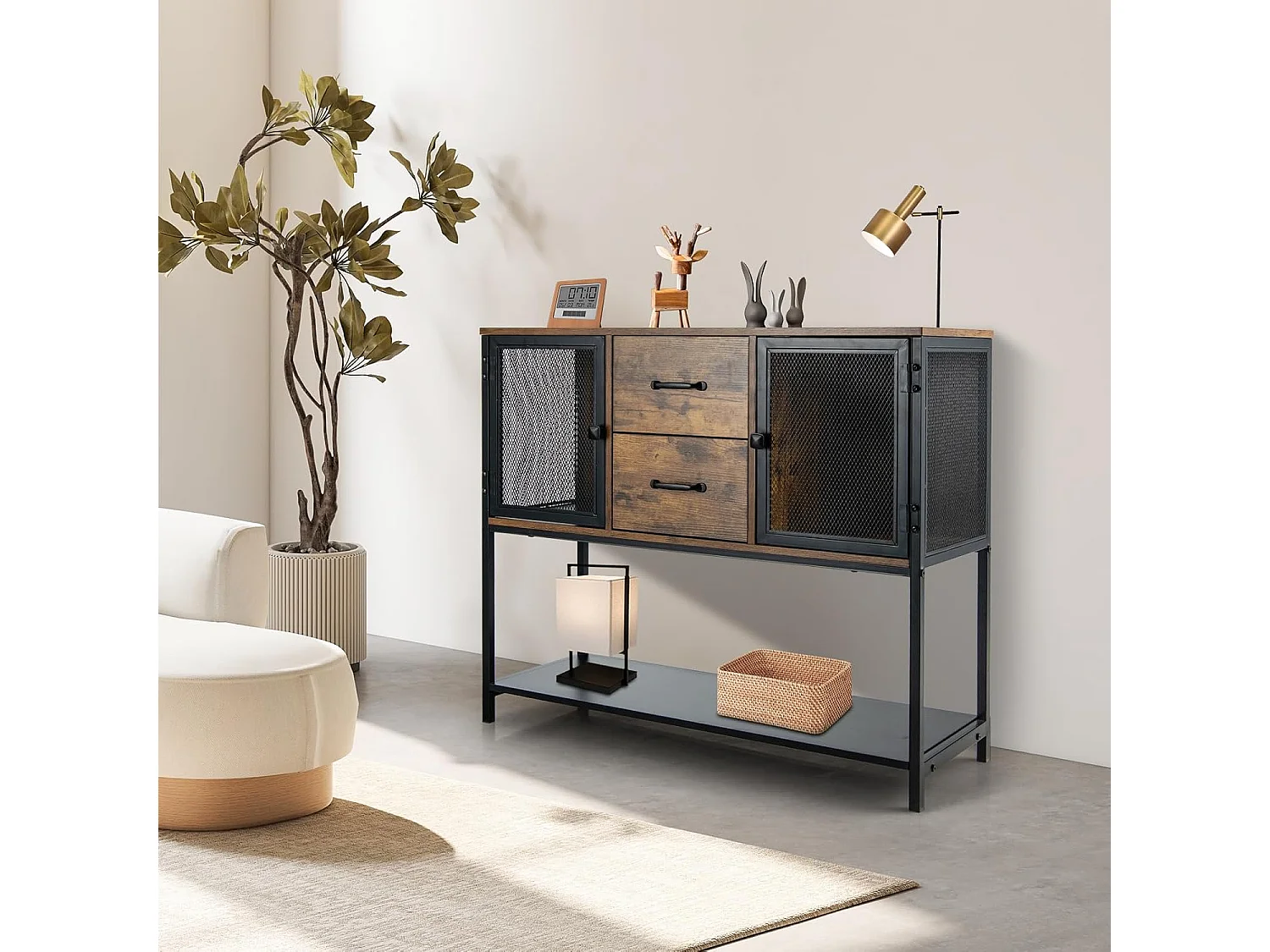 Buffet Salle à Manger, Buffet Salon Industriel avec 2 Placards, 2 Tiroirs, 2 Portes en Maille Fer, Meuble Cuisine Rangement, Marron Rustique, 100 X 35 X 85 CM