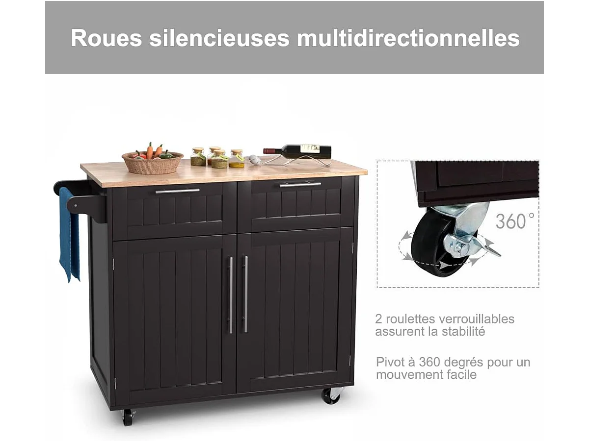 Dessertes îlot central cuisine avec table 4 roues universelles porte-serviettes,94x41x94cm