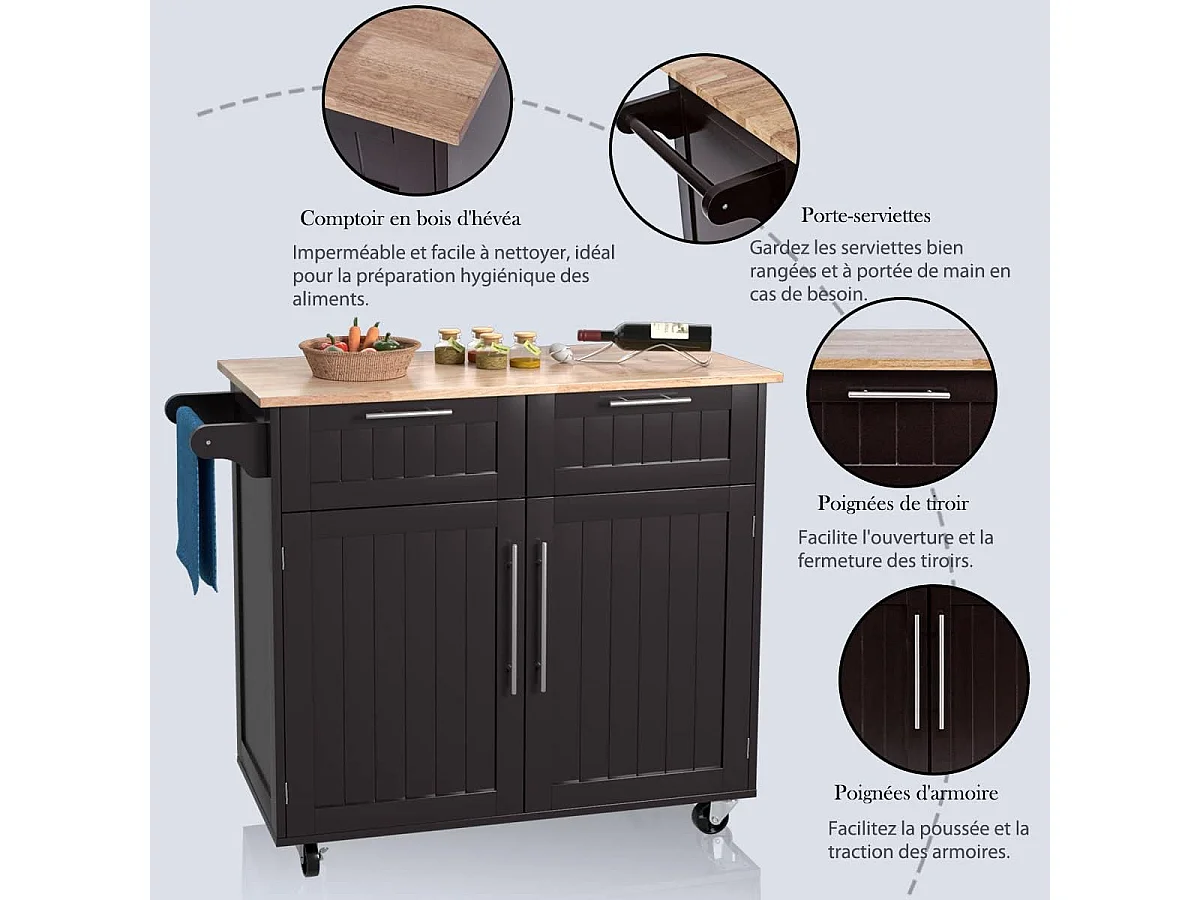 Dessertes îlot central cuisine avec table 4 roues universelles porte-serviettes,94x41x94cm