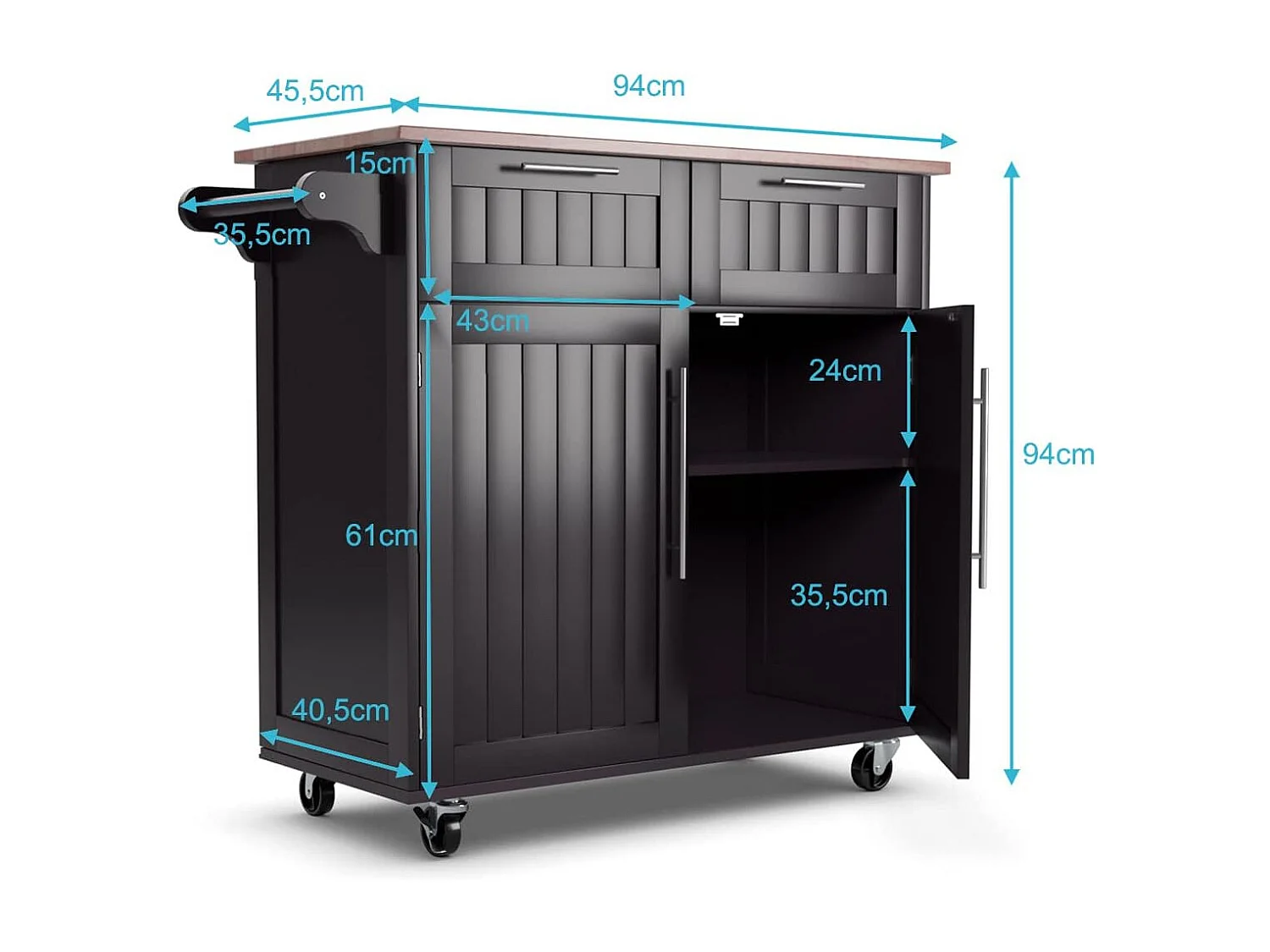 Dessertes îlot central cuisine avec table 4 roues universelles porte-serviettes,94x41x94cm