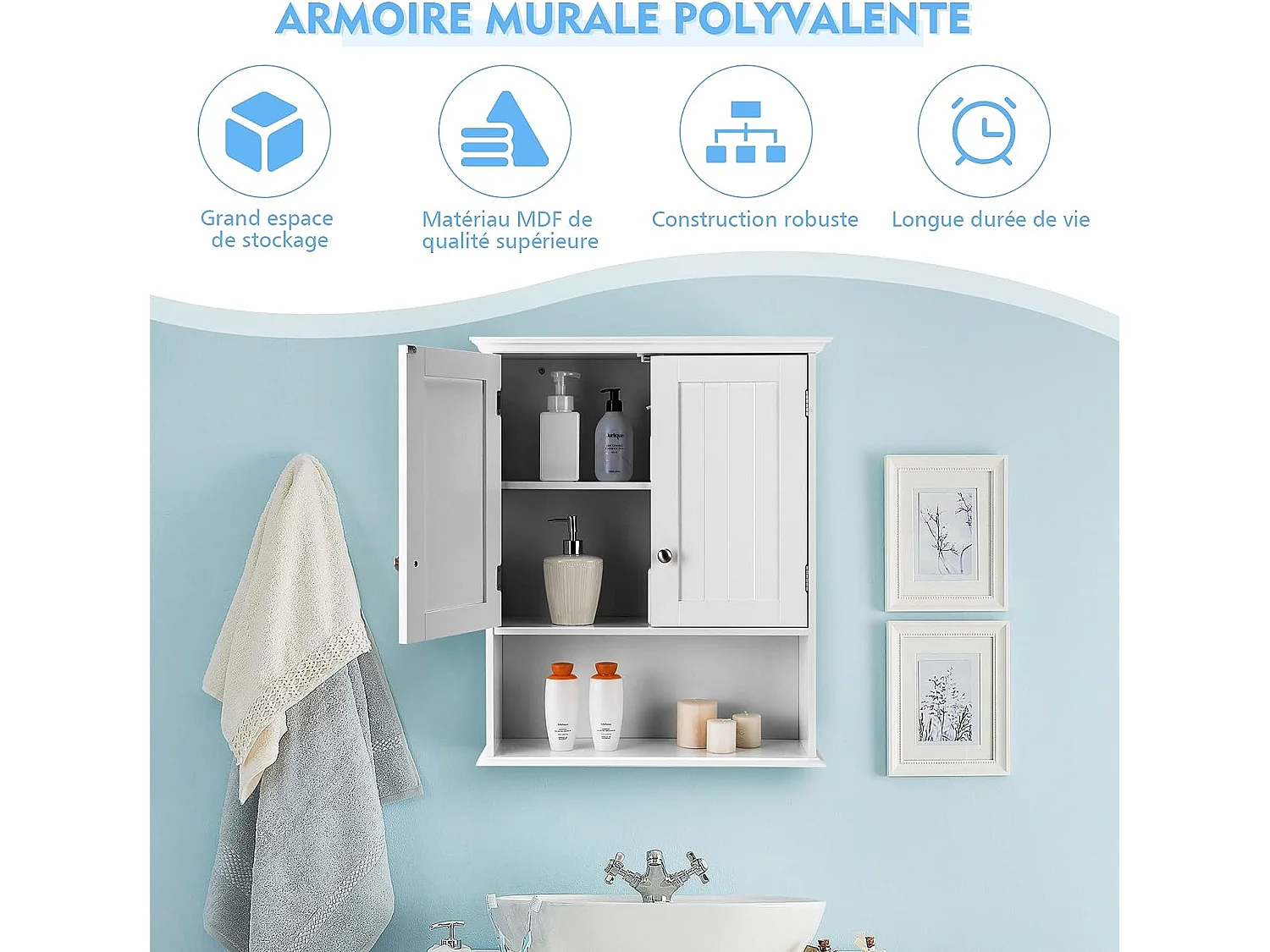 Meuble de salle de bain, armoire murale avec 2 portes et 3 étagères réglable，60x19x71cm