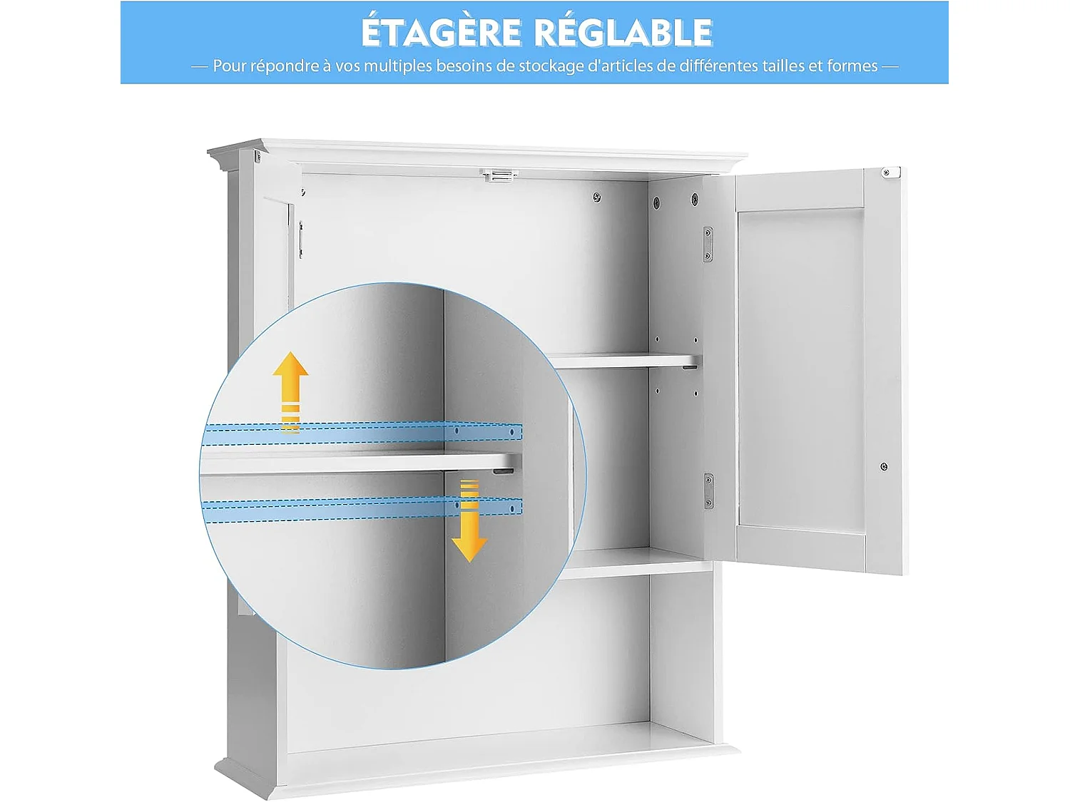 Meuble de salle de bain, armoire murale avec 2 portes et 3 étagères réglable，60x19x71cm