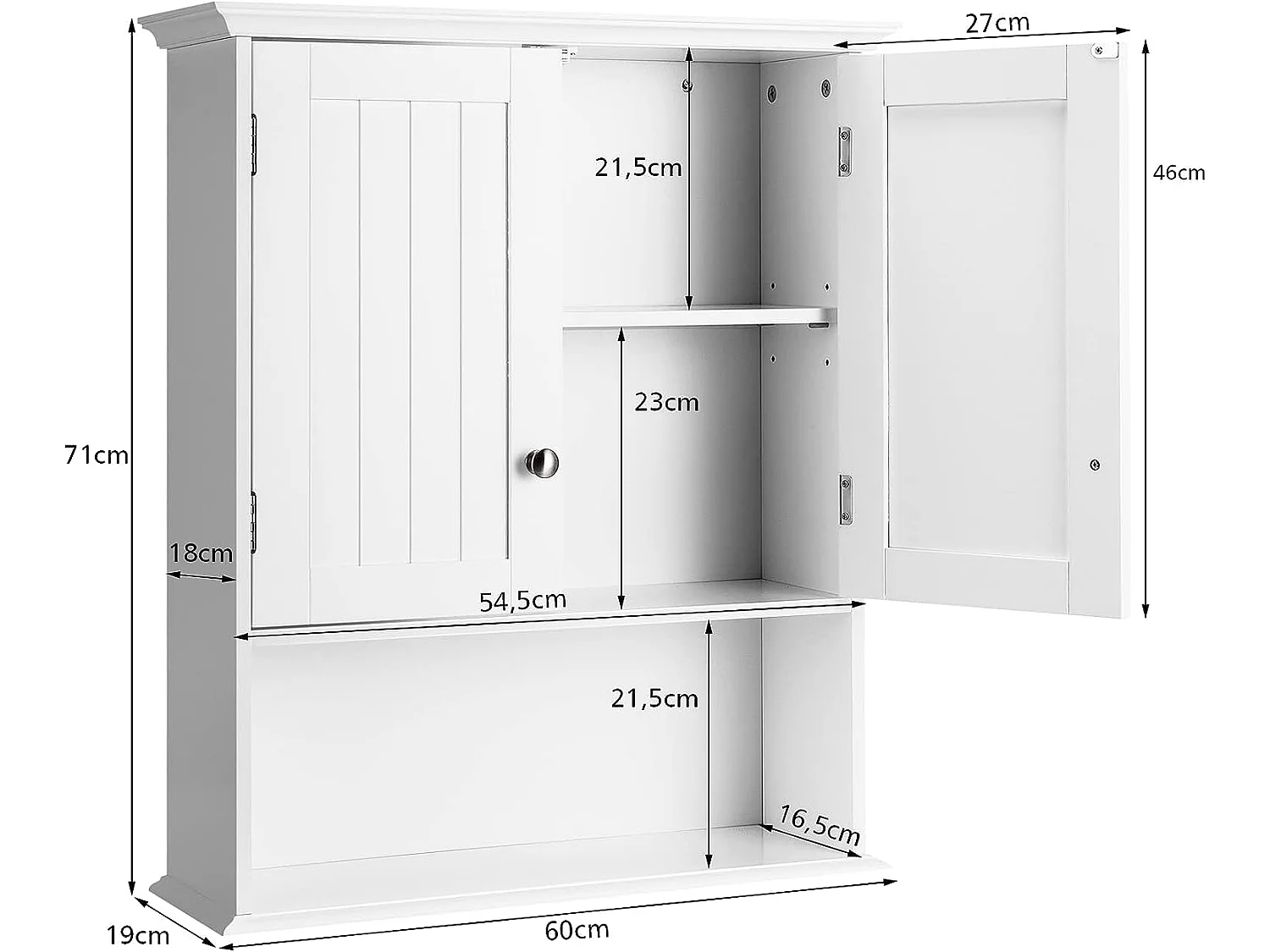 Meuble de salle de bain, armoire murale avec 2 portes et 3 étagères réglable，60x19x71cm