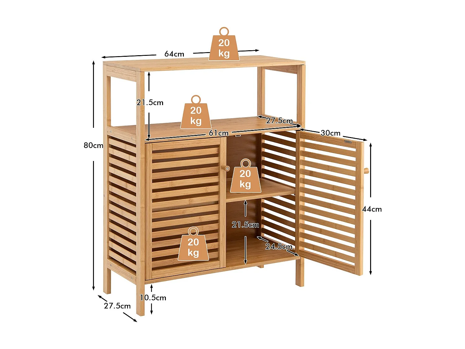 Meuble Salle de Bain en Bambou -64x27,5x80cm Naturel