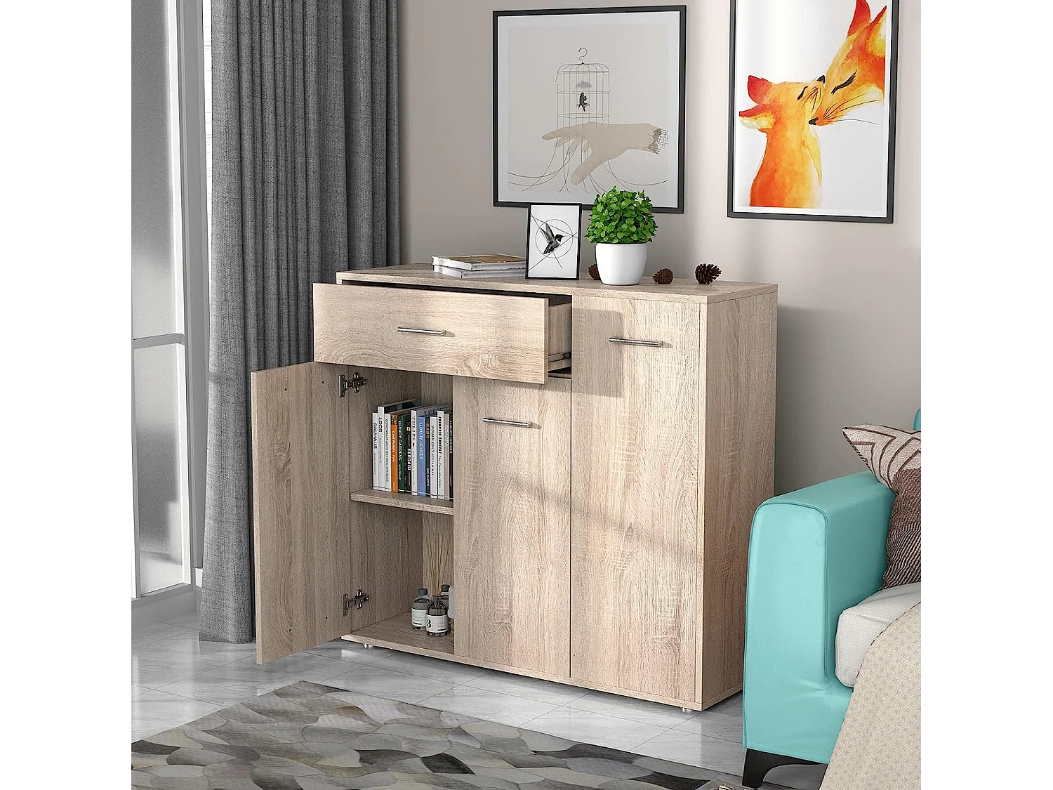 Buffet de cuisine commode meuble de rangement avec 1 tiroir et 3 portes en mdf 90 x 29 x 82 cm