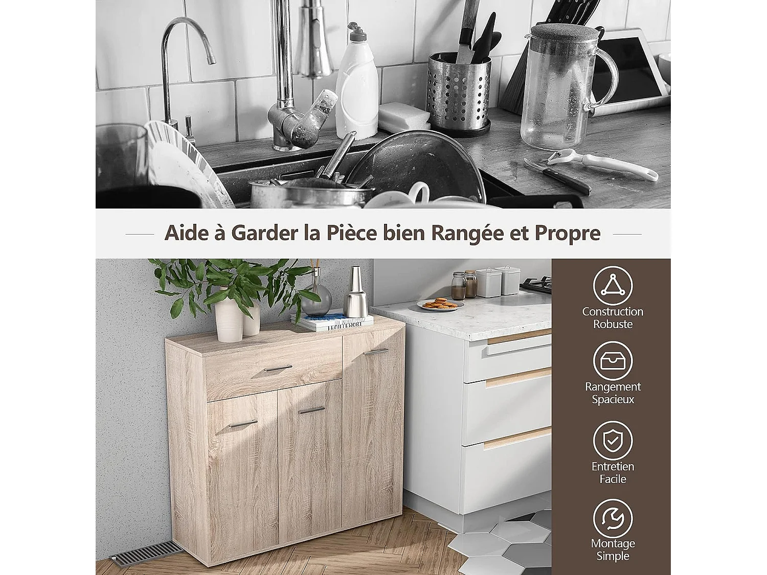 Buffet de cuisine commode meuble de rangement avec 1 tiroir et 3 portes en mdf 90 x 29 x 82 cm