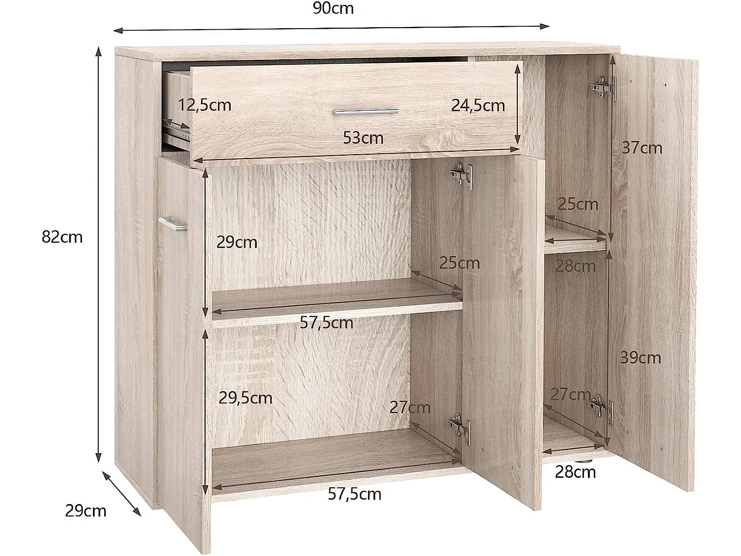 Buffet de cuisine commode meuble de rangement avec 1 tiroir et 3 portes en mdf 90 x 29 x 82 cm