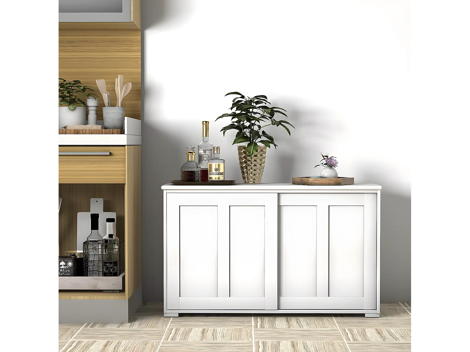 Buffet bas contemporain bahut vaisselier laqué 106,7x33x62,5cm ,Blanc antique