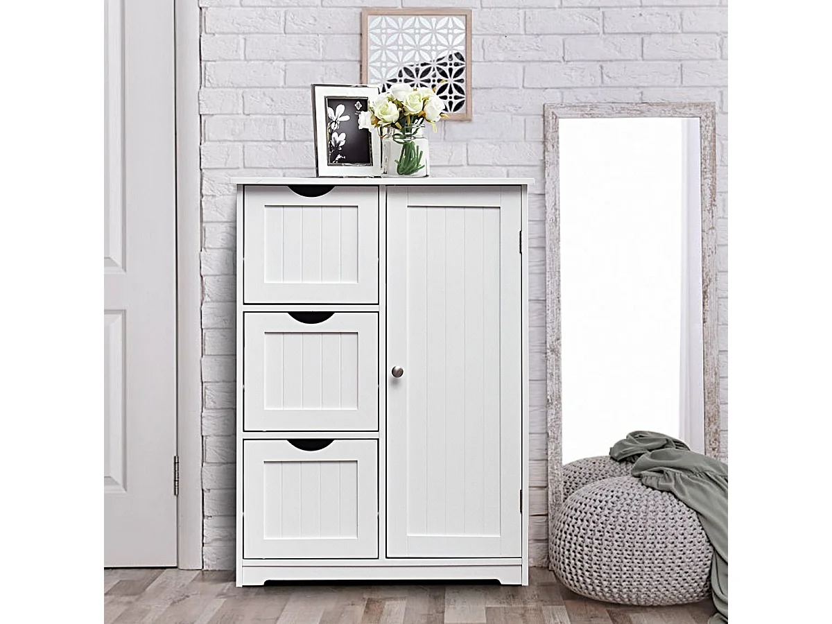 Meuble de Rangement Salle de Bain, avec 3 Tiroirs & 1 Placard - Étagère Réglable, 58x28x81cm - Blanc